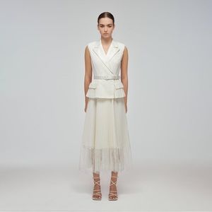 Self Portrait - Ivory Sleeveless Corded Lace Tailored Midi Dress